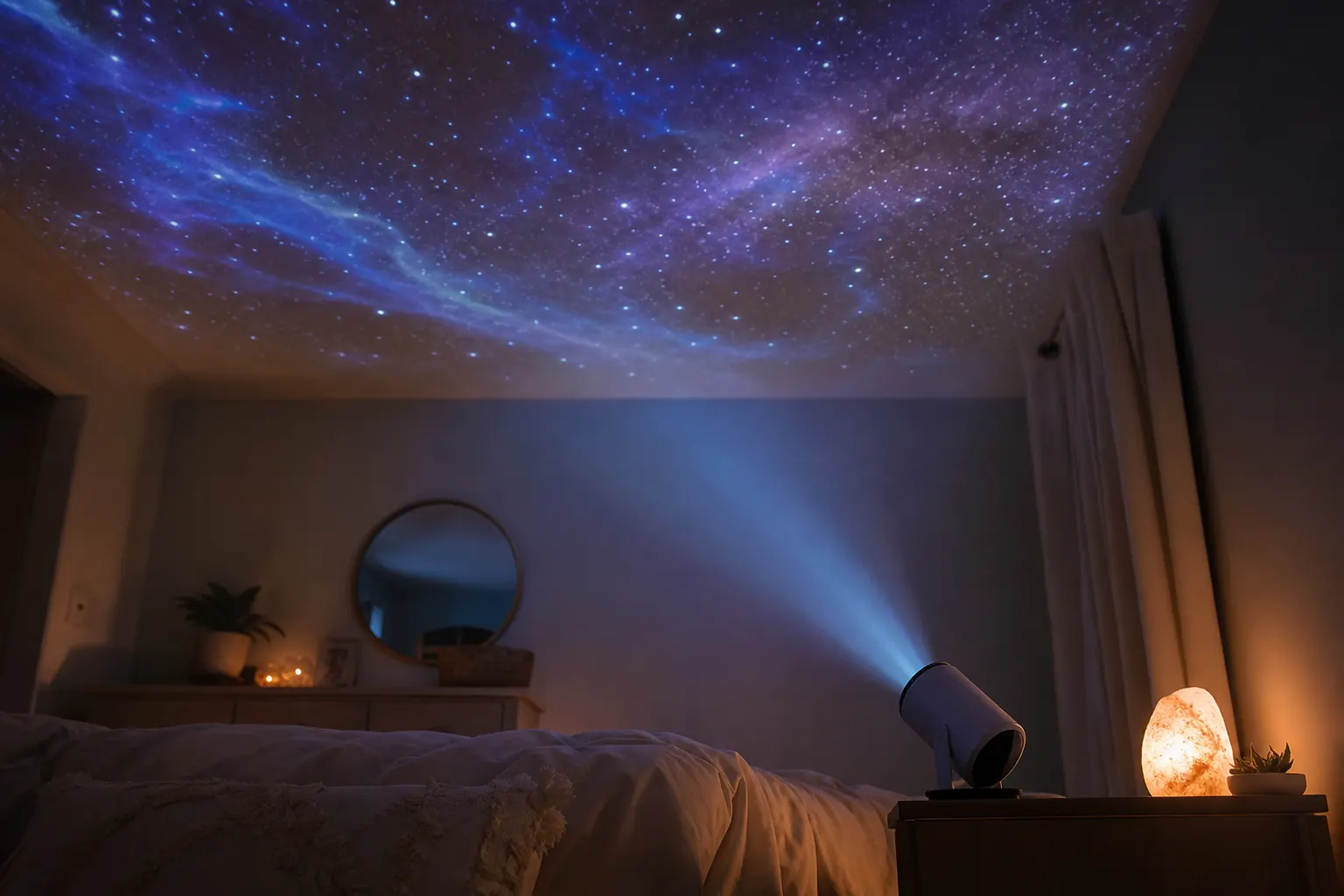 Ceiling projection with HY300 rotating stand in a bedroom