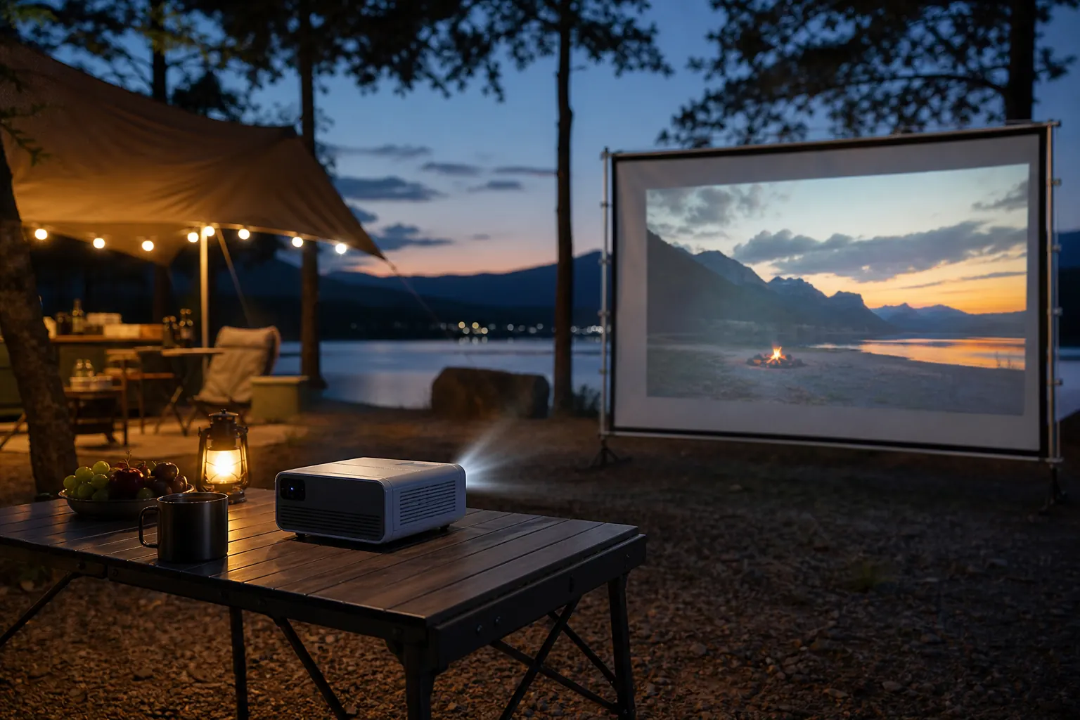 HY300 portable projector on a camping table outdoors at dusk