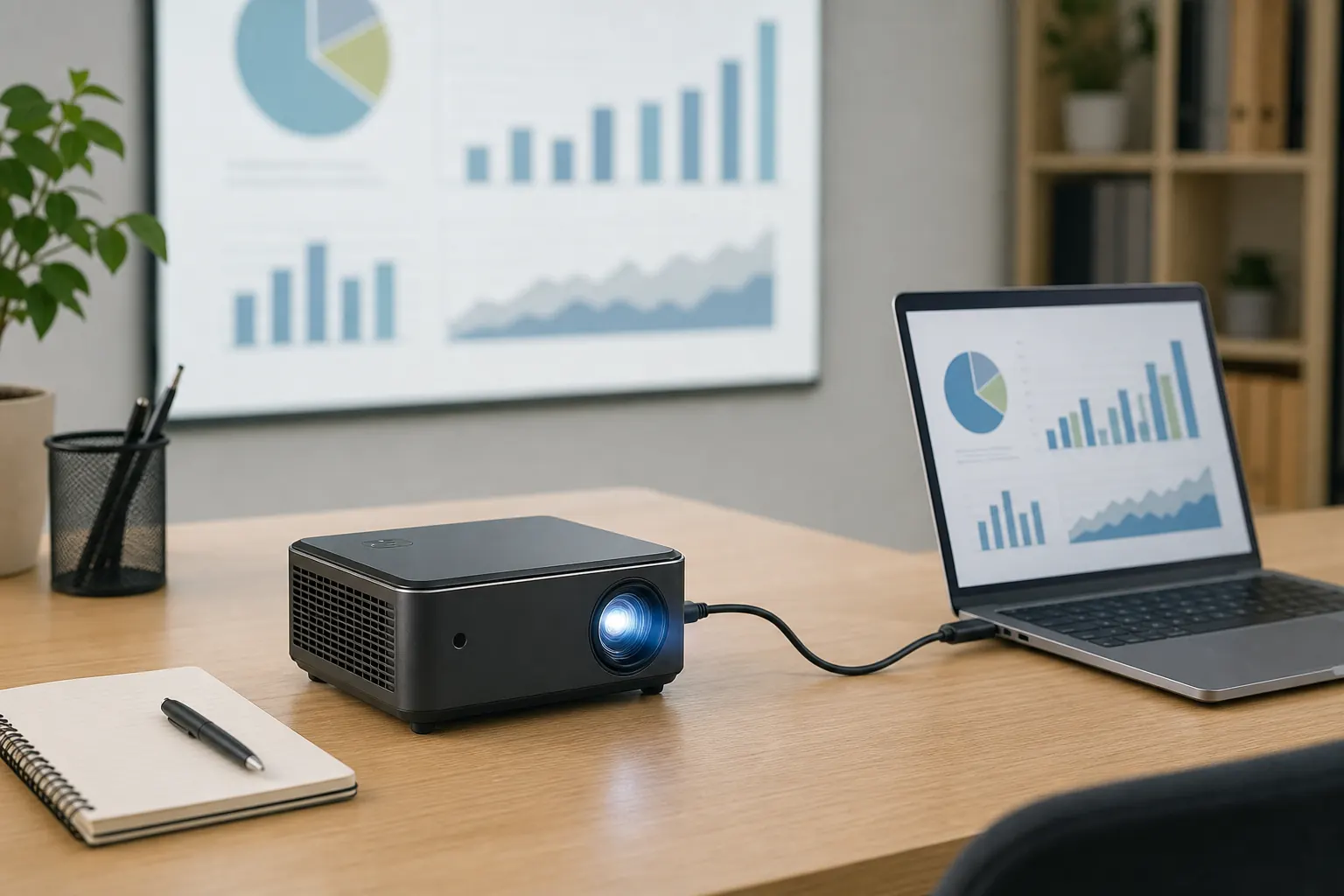 HY300 connected via HDMI to a laptop for presentations