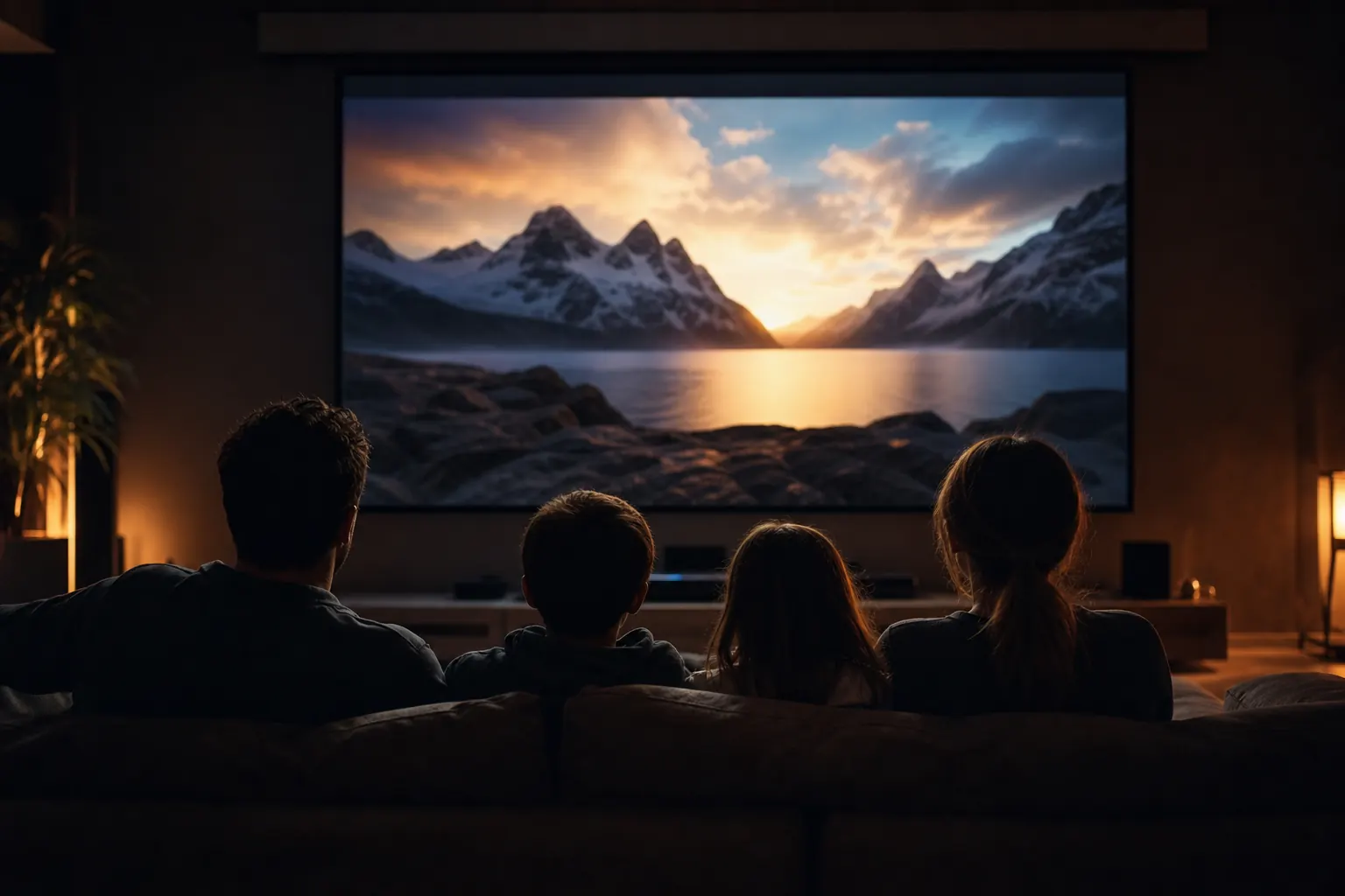 Family watching a large projected screen from HY300 in a dark room